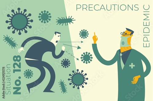 Flat medical illustration on the theme of the epidemic: a male doctor talking about the disease, preventing the disease, raising his finger up "Attention!" An infected person coughs and spreads the vi