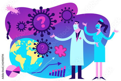 Flat medical illustration on the theme of the epidemic: a doctor and a nurse look at the virus attacking the Earth and helplessly spread their hands.