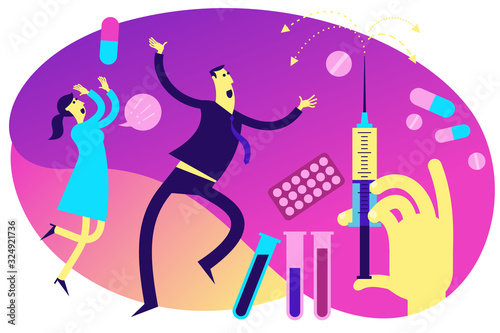 Flat medical illustration on the theme of the epidemic: a man and a woman rejoice in a new drug for the virus. Hand with a syringe, tablets, tests, flasks, vaccine, pharmacology.