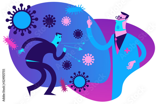 Flat medical illustration on the theme of the epidemic: a male doctor talking about the disease, preventing the disease, raising his finger up "Attention!" An infected person coughs and spreads the vi