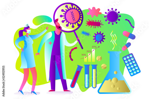Flat medical illustration on the theme of the epidemic: a doctor and a nurse looking at the virus through a magnifying glass, medicines, tablets, pills, tests, flask. Doctors found a virus in the test