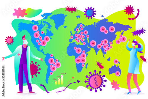 Flat medical illustration on the theme of the epidemic: a doctor and a nurse holding their heads, looking at the map of the world with the centers of the epidemic.