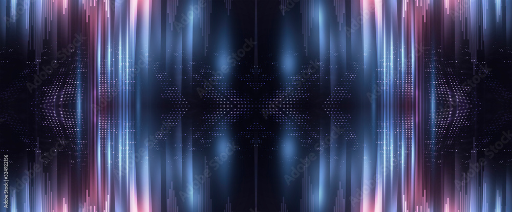 Abstract neon background with light lines and rays. Neon geometric shapes. Symmetric reflection. Empty dark scene.