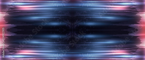 Abstract neon background with light lines and rays. Neon geometric shapes. Symmetric reflection. Empty dark scene.