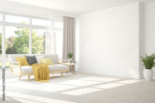 Minimalist living room in white color with sofa and summer landscape in window. Scandinavian interior design. 3D illustration photo