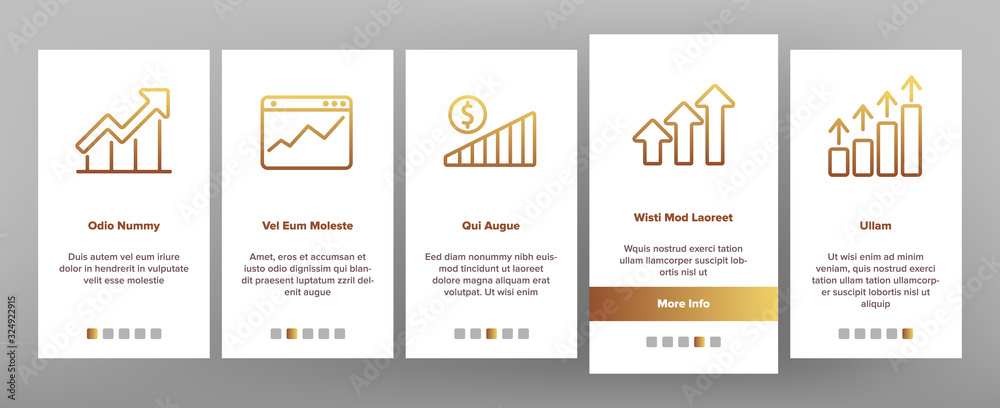Progress Grow Graphs Onboarding Icons Set Vector. Progress Arrow On Screen Web Site, Magnifier And Dollar Coin Illustrations