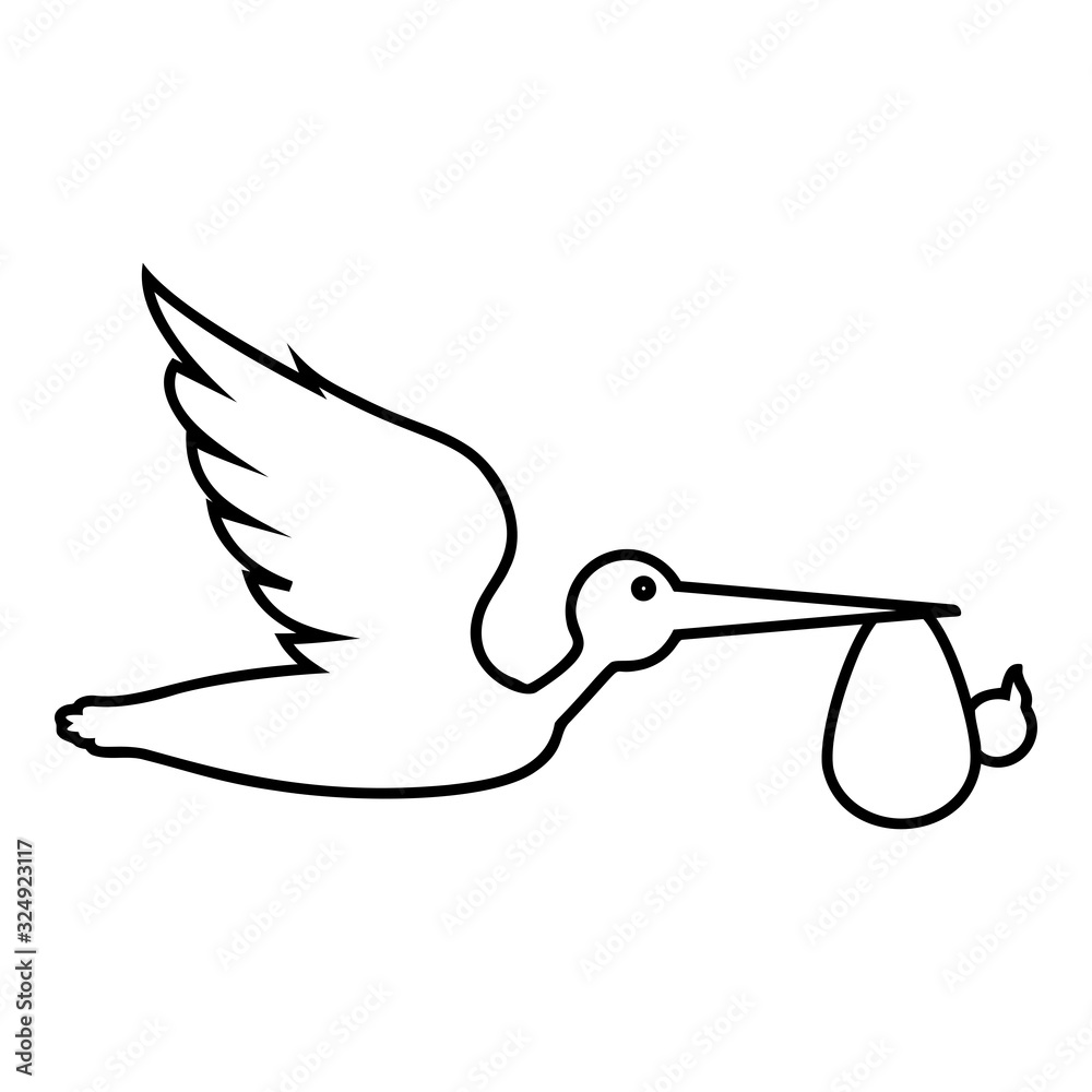 Stork carries baby in bag Flying bird with kind in beak bundle icon outline black color vector illustration flat style image Stork carries baby in bag Flying bird with kind in beak bundle icon outline black color vector illustration flat style image