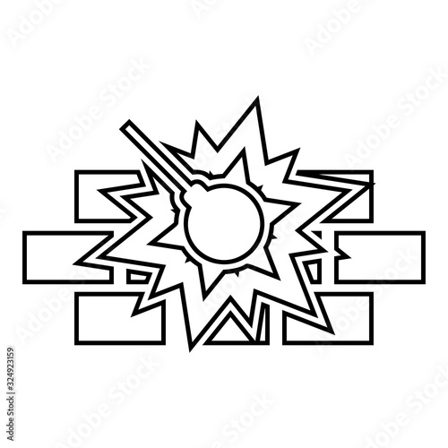 Working demolish machine on building construction Destroying brick wall with metal ball Wrecking house home concepting icon outline black color vector illustration flat style image