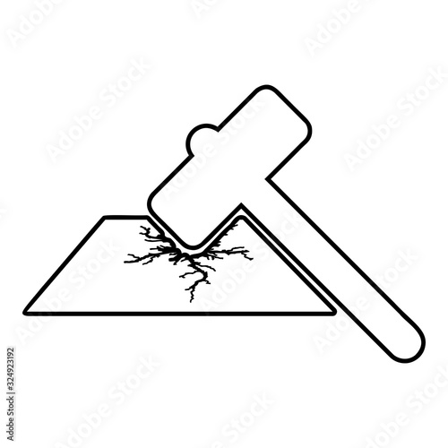 Sledge hammer breaks hard surface with formation of strong cracks icon outline black color vector illustration flat style image