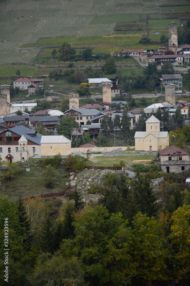 Mestia, Georgia - October 2, 2018: View to Mestia from Hatsvali cable car, Svaneti