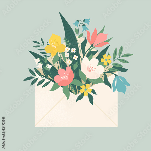 Bouquet of spring flowers inside the envelope and other decor elements. Flat design. Paper cut style. Hand drawn trendy vector greeting card.
