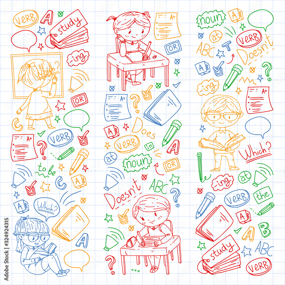 English school for children. Learn language. Education vector illustration. Kids drawing doodle style image. English school for children. Learn language. Education vector illustration. Kids drawing doodle style image.