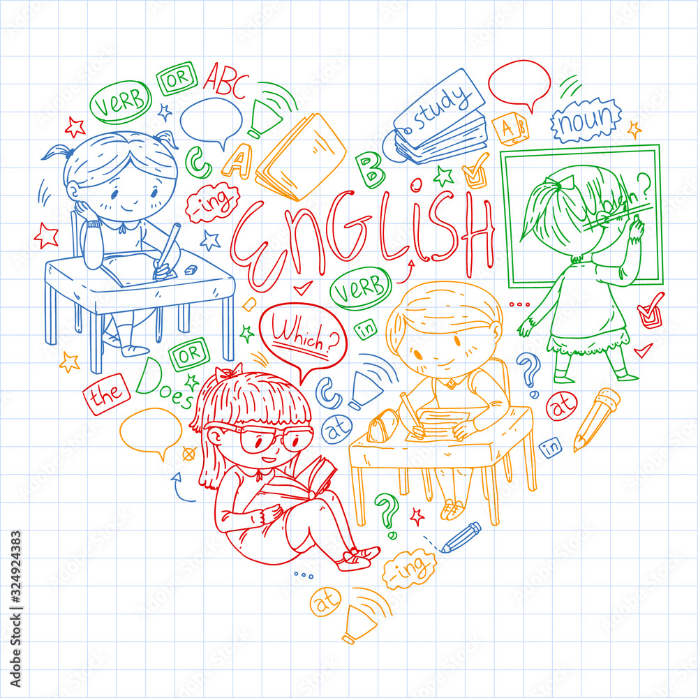 English school for children. Learn language. Education vector illustration. Kids drawing doodle style image. English school for children. Learn language. Education vector illustration. Kids drawing doodle style image.