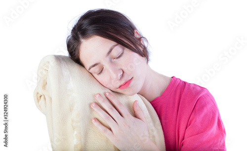 woman enjoying soft blanket isolated on white