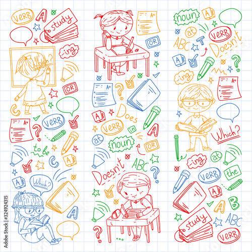 English school for children. Learn language. Education vector illustration. Kids drawing doodle style image.