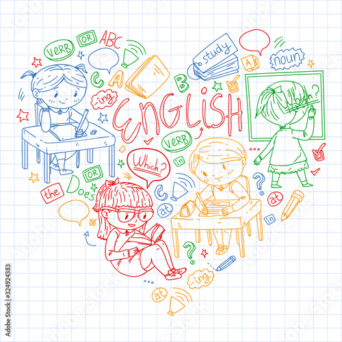 English school for children. Learn language. Education vector illustration. Kids drawing doodle style image.