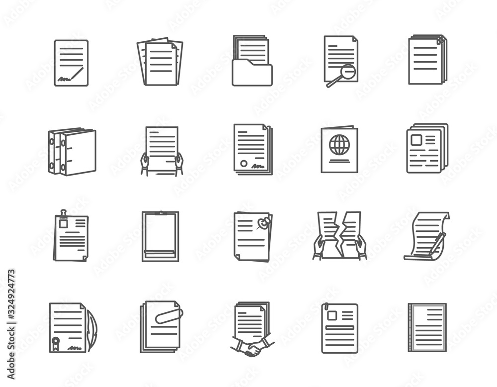 Large set of document icons with different layouts of text and number of pages with one torn through, vector line drawing illustration Large set of document icons with different layouts of text and number of pages with one torn through, vector line drawing illustration