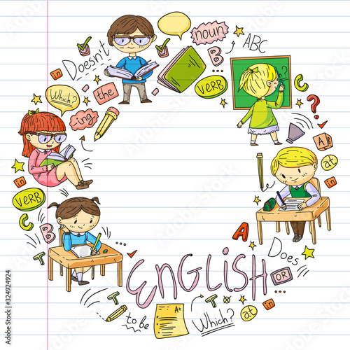 English school for children. Learn language. Education vector illustration. Kids drawing doodle style image.