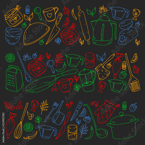 Cooking class. Menu. Kitchenware, utencils. Food and kitchen icons.