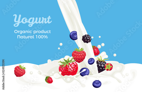 Yogurt with wild berries. Raspberry, blueberry, blackberry, strawberry and splash of milk. Vector illustration of pouring milk and mix of berries in cartoon flat style.