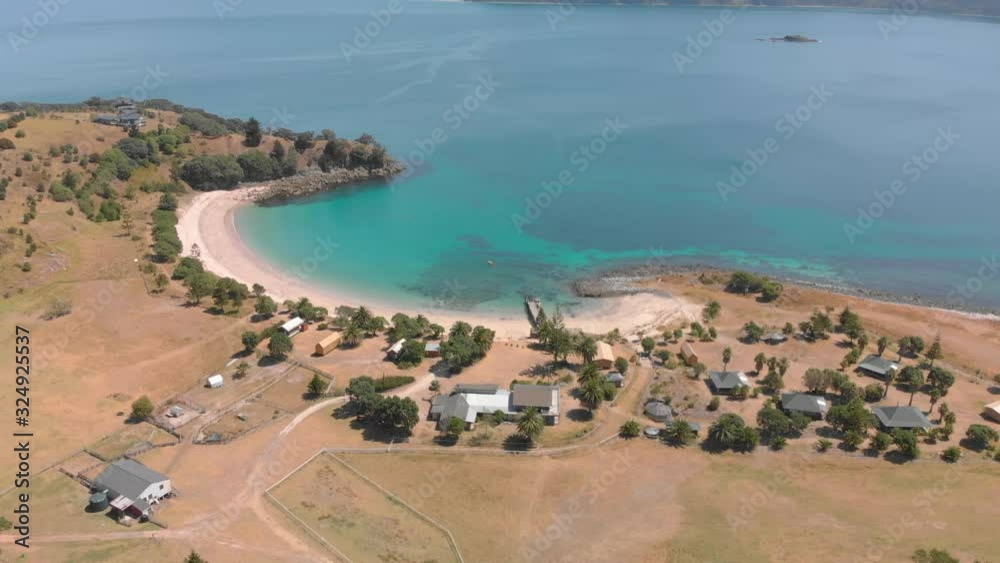 Aerial: Fly-over of Slipper island lodge, Coromandel Aerial: Fly-over of Slipper island lodge, Coromandel