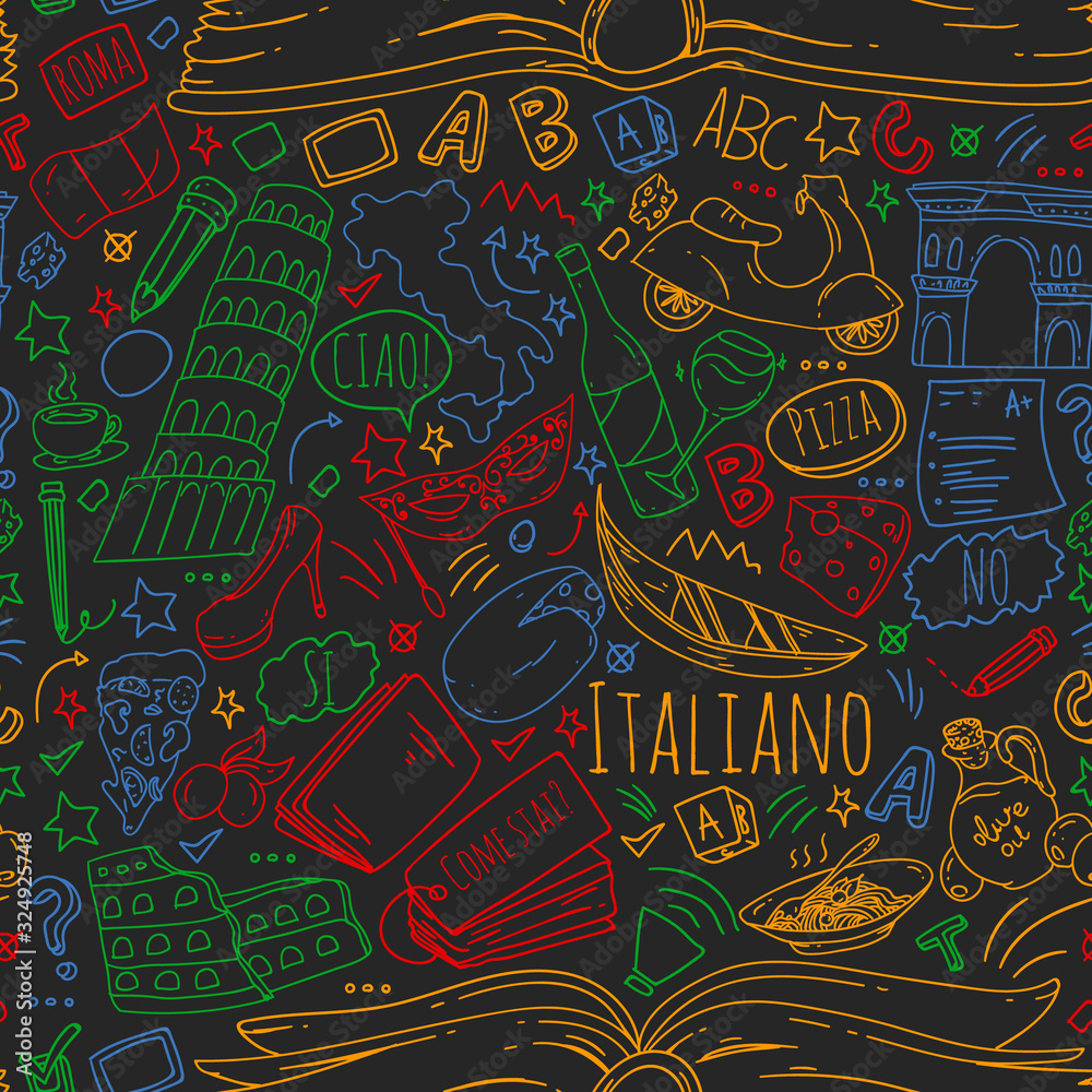 Italian language learning. Vector pattern with icons and national symbols of Italy. Italian language learning. Vector pattern with icons and national symbols of Italy.