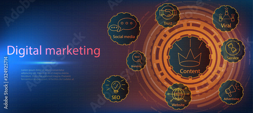 Digital marketing. Basic icons for business and digital marketing. Set of key marketing badges. Web page template and digital marketing market.