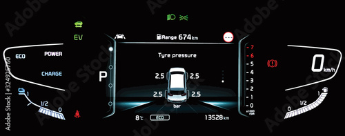 Illustration of TPMS (Tire Pressure Monitoring System) monitoring display on car dashboard panel. Pressure measurement given in bar. Digital screen shows right tyre pressure. Cluster in hybrid vehicle