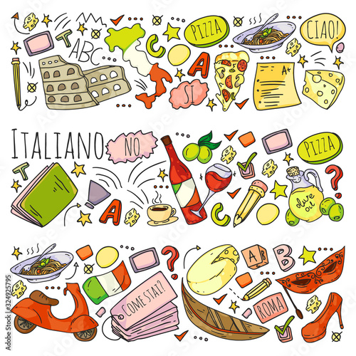 Italian language learning. Vector pattern with icons and national symbols of Italy.