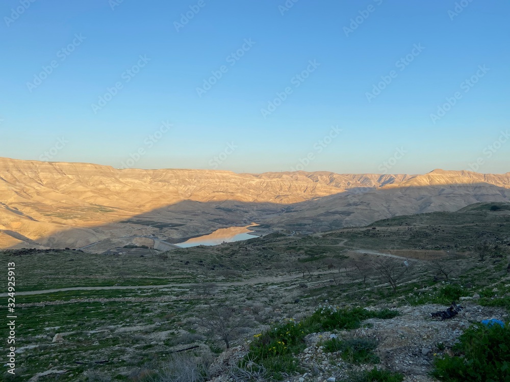 view of the lake in the mounatains, Wadi Mujib in Jordan