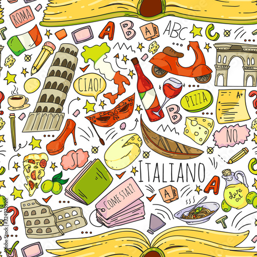 Italian language learning. Vector pattern with icons and national symbols of Italy.