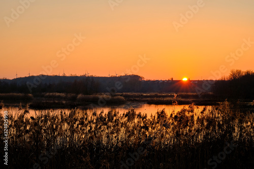 Sonnenuntergang im Vogelschutzgebiet NSG Garstadt bei Heidenfeld im Landkreis Schweinfurt  Unterfranken  Bayern  Deutschland