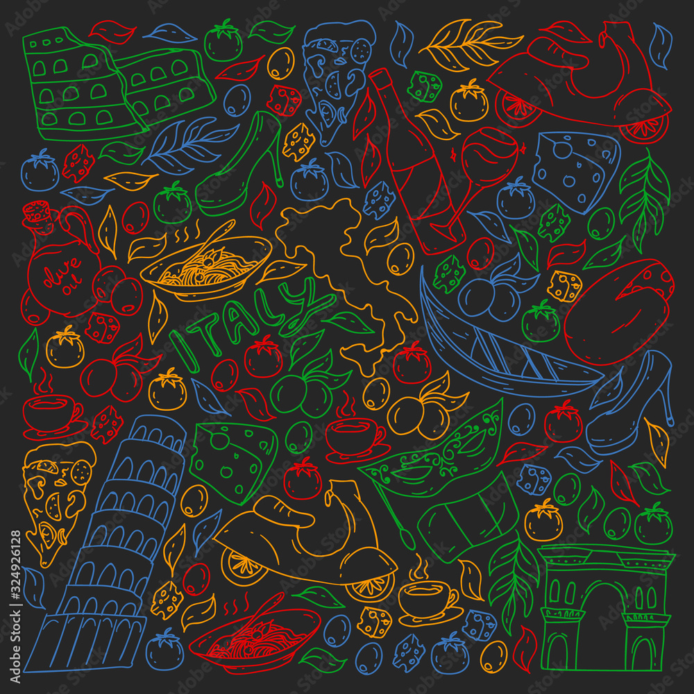 Naklejka premium Italy vector elements and icons. Doodle pattern with italian culture, cities Roma, Venice, Milan, cheese, wine.
