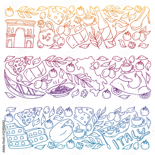 Italy vector elements and icons. Doodle pattern with italian culture, cities Roma, Venice, Milan, cheese, wine.