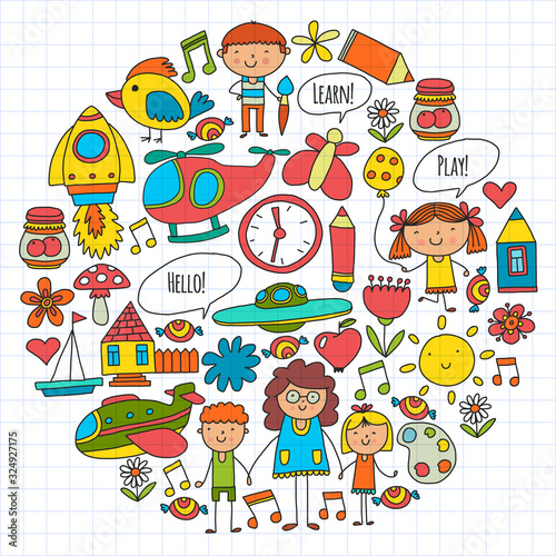 Vector icons and elements. Kindergarten, toys. Little children play, learn, grow together.