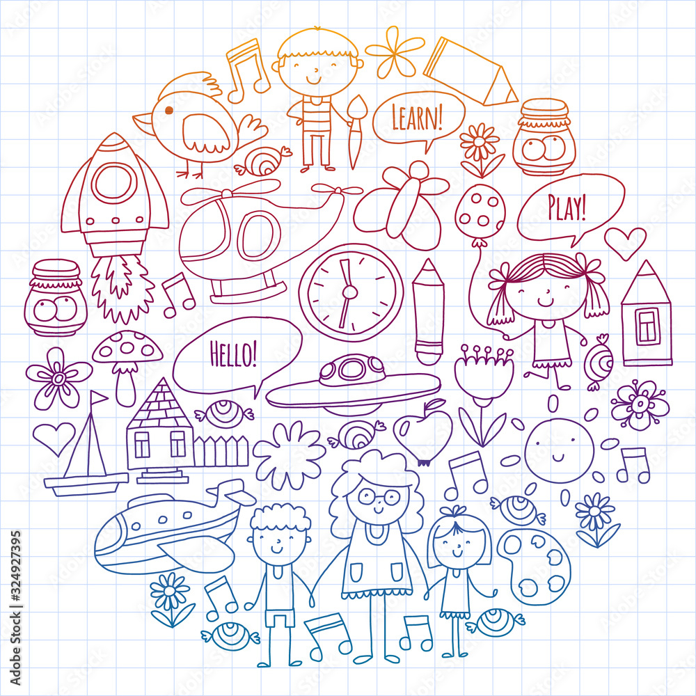 Vector icons and elements. Kindergarten, toys. Little children play, learn, grow together.