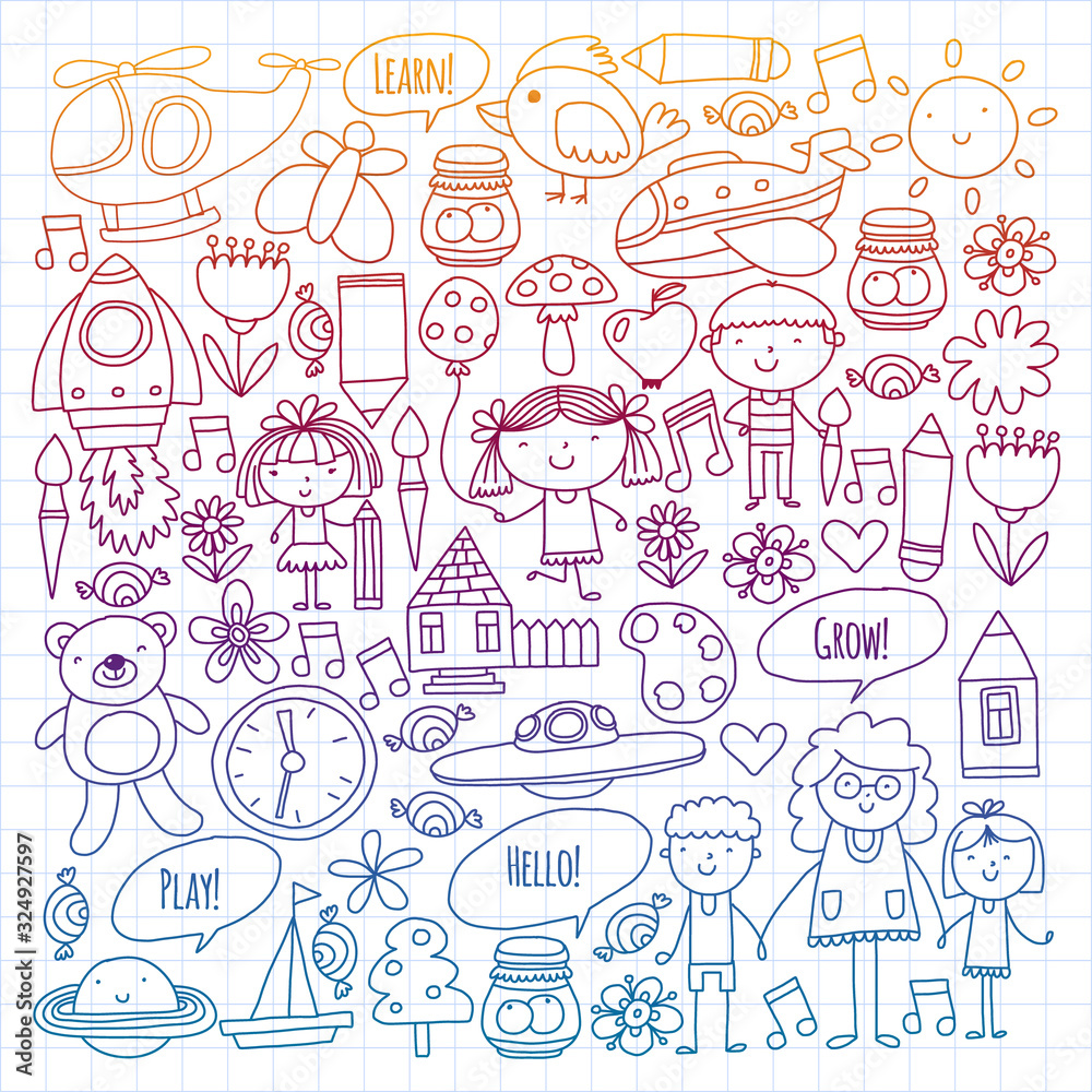 Vector icons and elements. Kindergarten, toys. Little children play, learn, grow together.