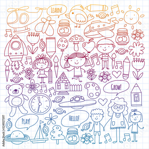 Vector icons and elements. Kindergarten, toys. Little children play, learn, grow together.