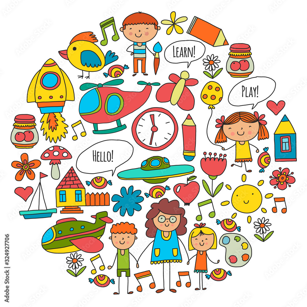 Vector icons and elements. Kindergarten, toys. Little children play, learn, grow together.