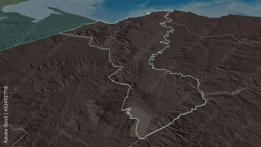 Cortés, department with its capital, zoomed and extruded on the administrative map of Honduras in the conformal Stereographic projection. Animation 3D