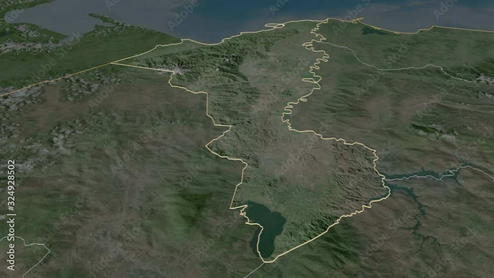 Cortés, department with its capital, zoomed and extruded on the satellite map of Honduras in the conformal Stereographic projection. Animation 3D Cortés, department with its capital, zoomed and extruded on the satellite map of Honduras in the conformal Stereographic projection. Animation 3D