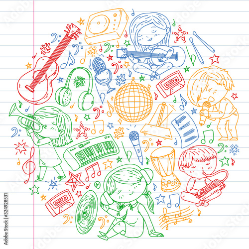Children play music. Musical education, theatre, school.