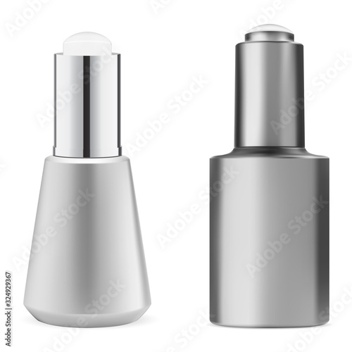 Serum essence bottle. Luxury face product 3d design. Shiny vial mockup with eyedropper for aroma oil, primer or vitamin treatment. Cosmetic mock up advertising