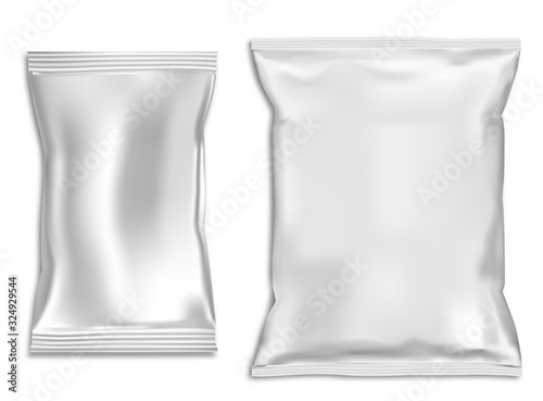 Snack bag mock up. Plastic pillow pouch blank. Vector template for foil sachet isolated on background. Closed foil wrap for food product. Pasta, powder, chocolate and sugar polythene packet