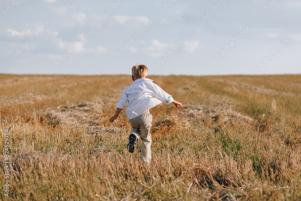 blond little boy playing hay in the field. summer, sunny weather, farming.