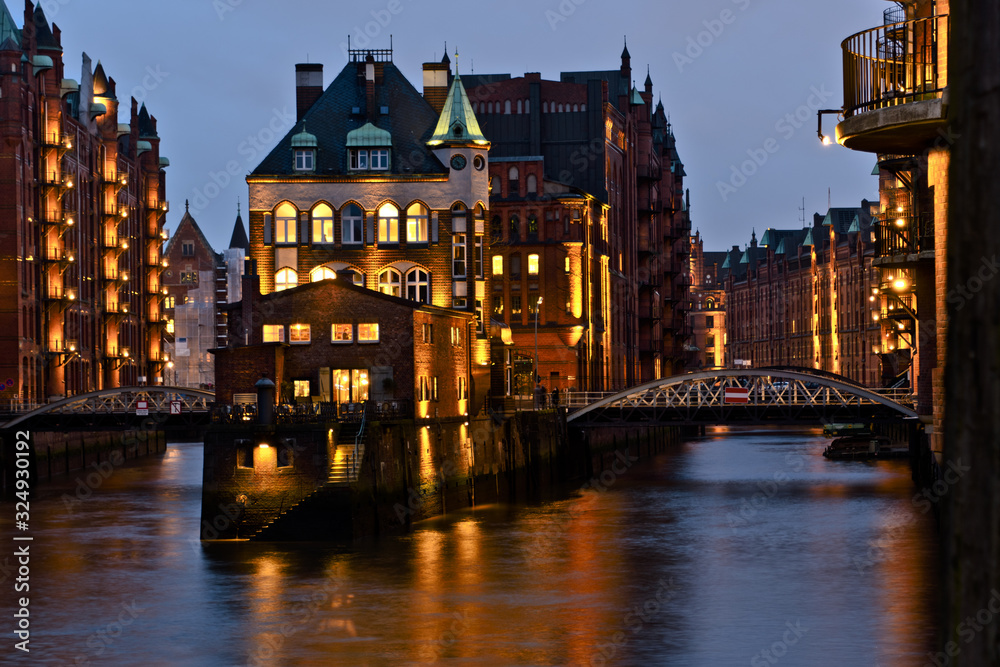 Hamburg, Germany: Illuminated Wasserschloss (water castle)