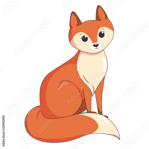 Sitting red fox with bushy tail on white background. Vector illustration in cute cartoon style