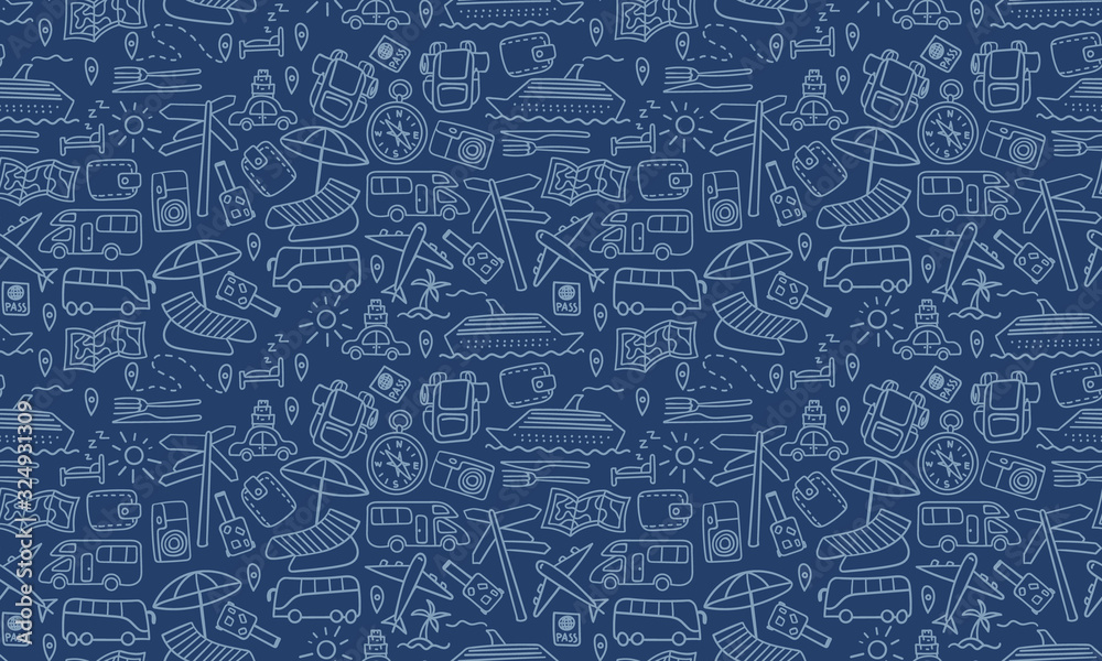 Horizontal seamless pattern with travel doodles. Dark vacation background. Vector illustration.