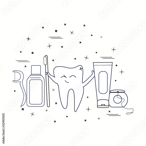 Dental care products: toothpaste, toothbrush, dental floss, rinse liquid