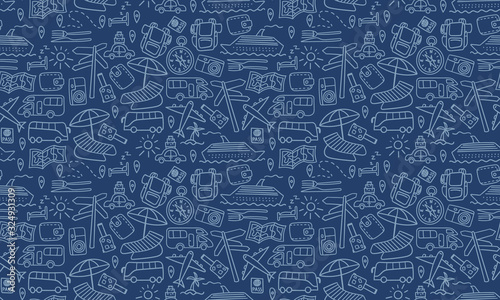 Horizontal seamless pattern with travel doodles. Dark vacation background. Vector illustration.